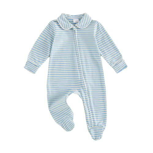 Seyurigaoka Newborn Baby Boy Girl Romper Long Sleeve Zipper Jumpsuit | Cotton Blend, Peter Pan Collar, Footed, Footless, Gingham Striped, Multi Color, Newborn Infant Toddler Fall Winter Clothes