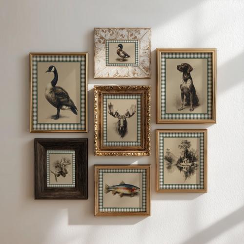 Set of 7 Hunting Gallery Wall, Green Gingham Printable Art, Rustic Cabin Decor, Moose Duck Dog Fish, Farmhouse vintage, Digital Download
