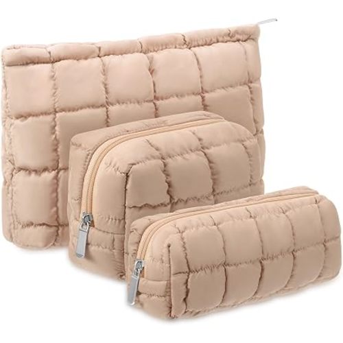 Huhumy 3 Pcs Puffy Makeup Bag Quilted Cosmetic Pouch for Women Cute Checkered Travel Toiletry Bag Puffer Makeup Organizer Purse Pouch Preppy Pencil Case with Zipper