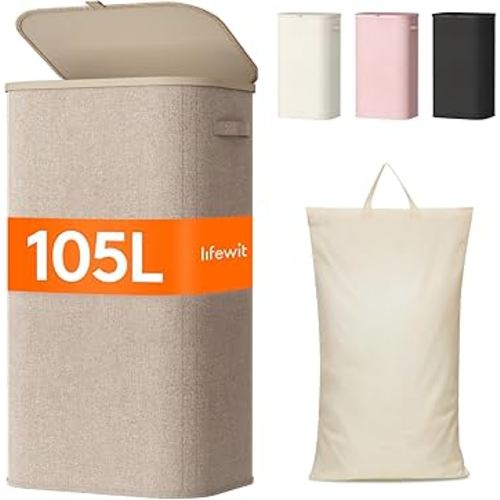 Lifewit 105L Large Laundry Basket with Lid, Laundry Hamper with Plastic Handles and Removable Bag, Foldable Tall Dirty Clothes Hampers for Laundry for Laundry Room, Bedroom, Bathroom, Dorm, Beige