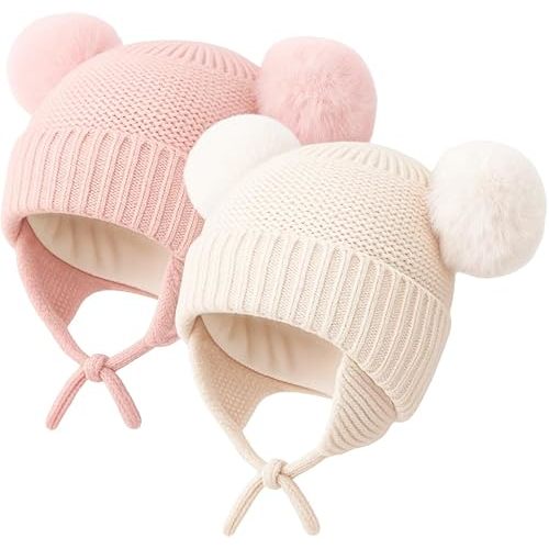 Konssy 2 Pack Baby Winter Hat with Earflaps, Warm Knit Beanie, Cozy Baby Hat for Boys & Girls 0–6 Months