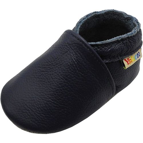 YALION Soft Leather Baby Shoes Moccasins Slip-on Boys Girls Slippers with Elastic Ankle, Anti-Slip First Walking Crib Shoes for Infant Toddlers - Navy Blue