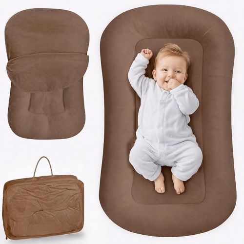 Infant Support Cushion - Baby Lounger for Newborn, 0-24 Months, Breathable Cotton Fabric Infant Support Cushion, Portable Newborn Essentials for Home and Travel, Brown (Cover Included)