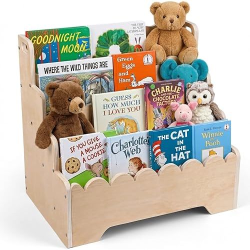 Esonal Small Wooden Bookshelf 4-Tier, Natural Pine Wood Kids Bookshelf, Scalloped Toddler Book Shelf, Baby Nursery Book Shelf, Display Front Facing Montessori Book Case for Children Room Playroom