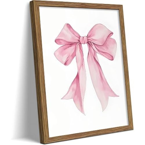 Framed Pink Bow Wall Art, Coquette Ribbon Canvas Print Poster, Cute Watercolor Bow Painting Picture, Vintage Preppy Girly Wall Decor for Bedroom Bathroom Nursery Dorm Room 12x16 Inch