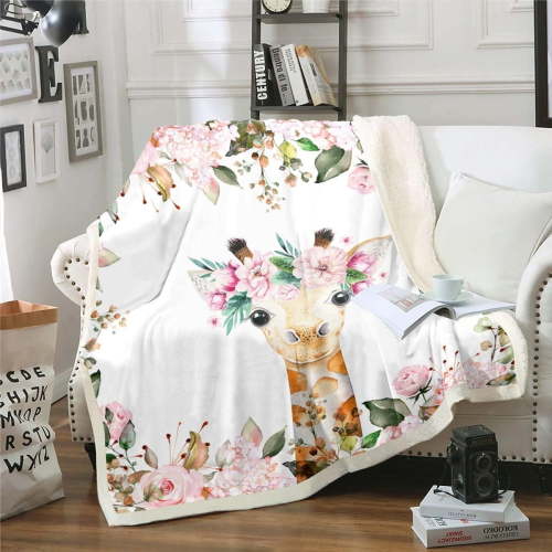 Cute Giraffe Throw Blanket Pink Rose Fleece Blanket Baby Size Girls Kids,Cartoon Animal Sherpa Blanket Floral Flower Plush Blanket,Wildlife Giraffe Skin Blanket Botanical Flannel Blanket