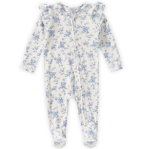 Angel Dear Baby Girls Baby Blue Vines Floral Long Sleeve Ruffle Footed Coverall