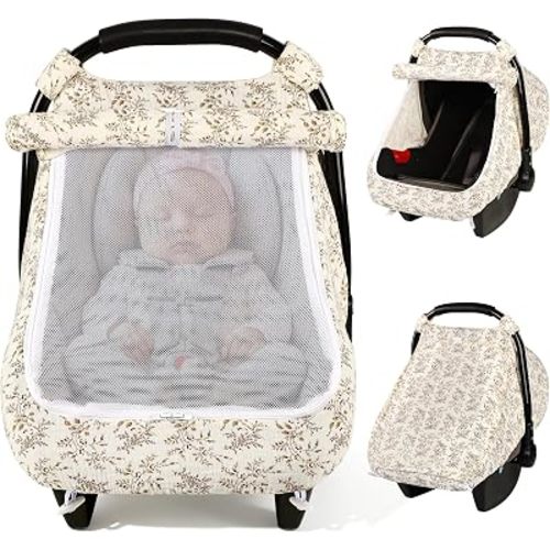 Pea Pod Car Seat Covers for Babies, Muslin Cotton Baby Car Seat Cover with Breathable Zippable Mesh Window, Universal Infant Carseat Cover, Baby Summer Travel Essentials for Boys, Girls (Boho Leaf)