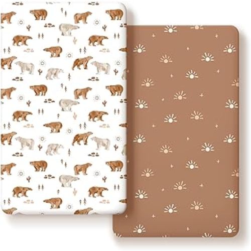 GRSSDER Stretchy Ultra Soft Jersey Knit Fitted Crib Sheets Set 2 Pack, Fit All Standard Crib Mattress Pads Safe and Snug, Crib Fitted Sheet for Boys and Girls, Stylish Print of Sunny Bear