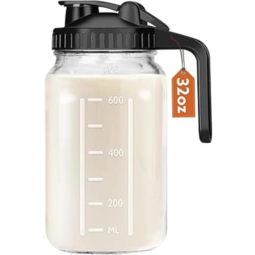 Breast Milk Pitcher, 32 OZ Mason Jar Pitcher with Lid Double Leak Proof,1 Quart Breastmilk Storage Containers for Fridge, Glass Jug for Sun Tea, Juice, Cold Brew Coffee