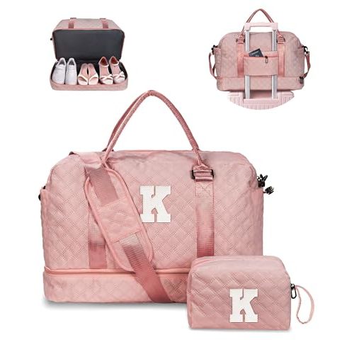 Retirement Gift for Woman-Duffle Bag with Shoe Compartment | Kids Weekender Bags Overnight Bag with Makeup Pouch, Gifts for 12 13 14 15 16 Year Old Kid-Birthday Gift for Teens (Letter K)