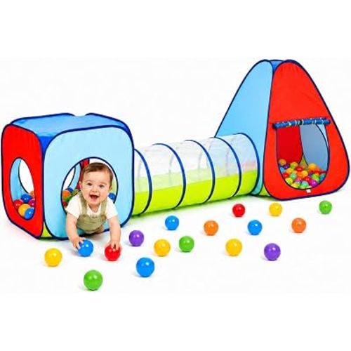 Kiddey Tunnel and Ball Pit Play Tent | 3pc Pop Up Toddler Gym Tunnels with Tents for Kids, Toddlers, Infants Boys & Girls | Indoor & Outdoor Gift Game | Baby Crawling Pits for Playground