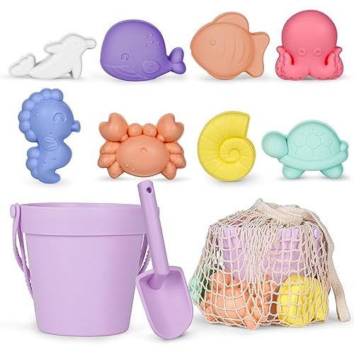 MarcZero 11Pcs Silicone Beach Toys,Modern Baby Beach Toys,Travel Friendly Beach Set,Eco Friendly Toy,Silicone Bucket, Shovel, 8 Sand Molds, Beach Bag,Silicone Sand Toys for Toddlers, Kids (Purple)