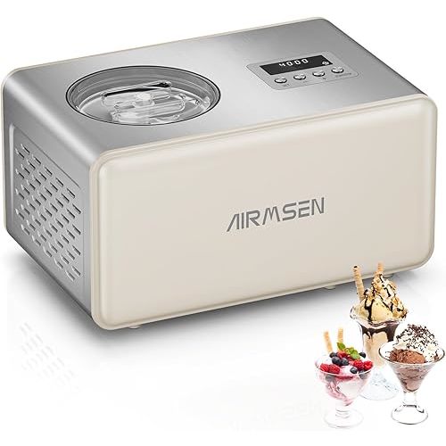 AIRMSEN 2.1-Quart Ice Cream Maker Machine with Built-in Compressor, No Pre-Freezing Required, Fully Automatic Frozen Treats Maker with LED Display & Timer, 72-Minute Cooling Function, Stainless Steel