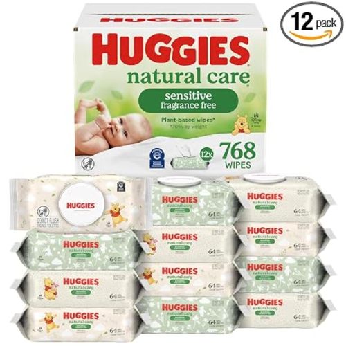 Huggies Natural Care Sensitive Baby Wipes, Unscented, Hypoallergenic, 99% Purified Water, 12 Flip-Top Packs (768 Wipes Total), Packaging May Vary