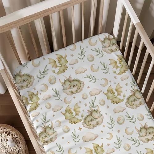 Dragon Clouds Moon Stars Eggs Pattern Baby Sheets for Crib, Unisex Cute Dragons Theme Nursery Fitted Bed Sheet for Boys Girls Standard Crib and Toddler Mattress-28x52