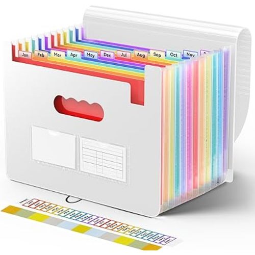 Sooez Accordion File Organizer, 13 Pockets Expanding File Folder, Portable Monthly Paper Bill Tax Receipt Organizer, Letter A4 Size Document Holder with Blank Labels, White