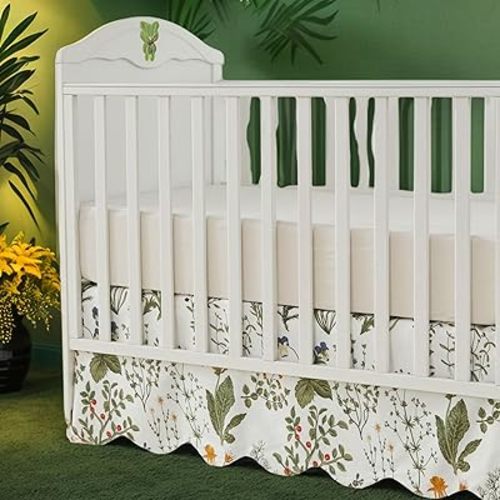 Brandream Scallop Edge Cotton Crib Skirt Toddler Bedskirt Baby Nursery Crib Bed Skirt Boho Bohemian Neutral Vintage Sage Green Botanical Floral Farmhouse Chic Boho Bohemian Skirt