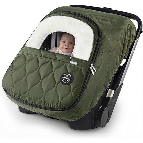 Winter Baby Car Seat Cover, Waterproof, Windproof Warm Winter Car Seat Cover for Doona Car Seats and Strollers,Fleece Breathable Car Seat Cover Baby with Full Zipper, Green