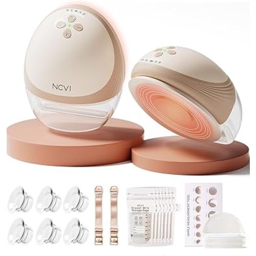 NCVI Heated Hands Free Breast Pump, 360° Warm Wearable Breastfeeding Pump, -300 mmHg Hospital-Grade Suction, 2000mAh Long Battery, 4 Modes & 9 Levels, Leakproof Design, Slim & Quiet, 19–28mm Flanges