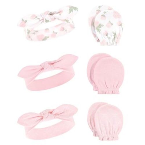 Hudson Baby Infant Girls Cotton Headband and Scratch Mitten 6pc Set, Roses, 0-6 Months