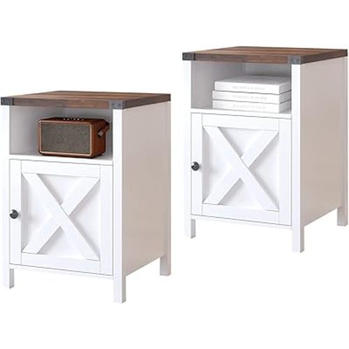 Catrimown Farmhouse End Table, Nightstand Set of 2, Rustic Night Stand with Barn Door and Storage Shelf, White End Table, Side Table for Bedroom Living Room, Cream White