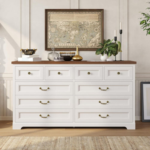 Winston Porter Farmhouse Dresser With 10 Drawers For Bedroom, Wide Dresser Chest Of Drawers, Rustic Wood Storage Dresser With Deep Drawers And Vintage Handle, Large Dresser For Bedroom, Closet, Hallway & Reviews | Wayfair