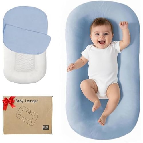 Lucakuins Baby Lounger, Bionic Design Baby Lounger for Newborn 0-24 Months, Soft Organic Cotton Breathable Lounger for Infants (Blue Newborn Lounger)