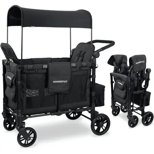 WonderFold W2 Elite Stroller Wagon, Steel Frame, 2 Seater, Jet Black | Foldable Wagon with an Adjustable Canopy & Push Handle, All-Terrain Wheels & 5-Point Harnesses for Babies, Toddlers & Kids