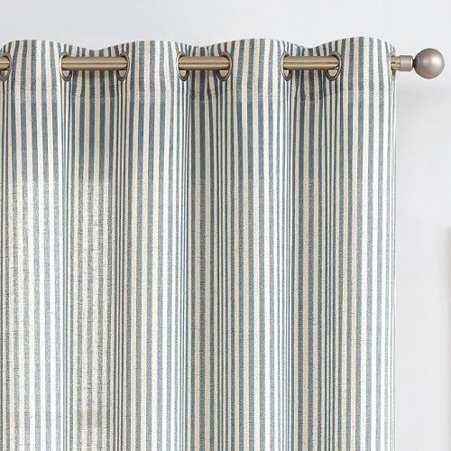 Linen Striped Curtains for Living Room Bedroom Farmhouse Tickingstripe Light Filtering Window Curtains Printed Drapes Grommet Top 2 Panels Blue W50 x L84 Inch