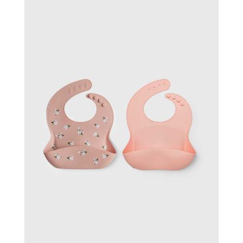 Silicone Bibs set - White Flower / Pink
