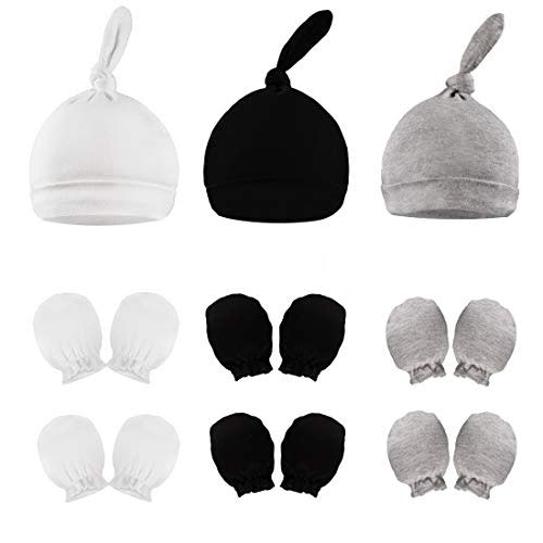 Evercute Baby Hats Mittens Set 0-3 months 9/6/3pack Premium Newborn Beanies Top Knot Caps Gloves No Scratch Baby Boys Girls