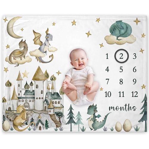 Yuzioey Dragon Milestone Blanket, Dragon Fairy Tale Baby Growth Chart Monthly Blanket, Watch Me Grow Nursery for New Moms Baby Shower(50"x40")