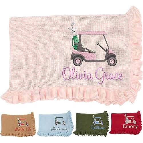 SWaddle AN Personalized Ruffled Knit Baby Blanket, 30x40in Golf Cart Machine Embroidery – Custom Name Soft Cotton Throw for Newborns Toddlers, Baby Golf Blanket for Girls