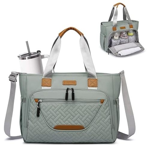 Diaper Bag Tote, Large Tote Diaper Bag with 16" Laptop Compartment, Baby Bag with Insulated Pocket for Mam and Dad, Ideal for Travel, Work (Morandi Grey) | Waterproof