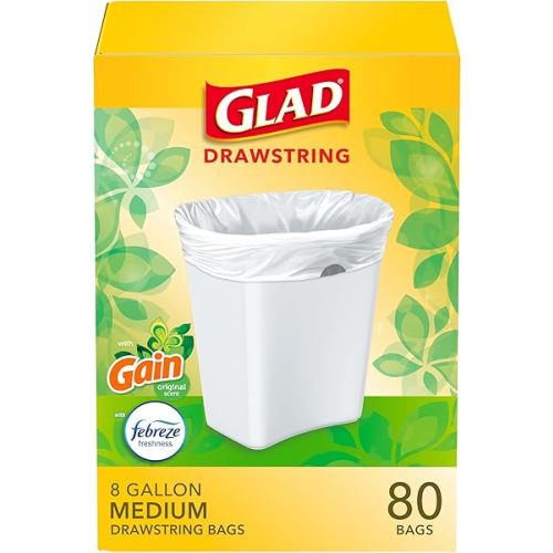 Glad Medium Drawstring Trash Bags, 8 Gal, Gain Original with Febreze, 80 Ct (Package May Vary)