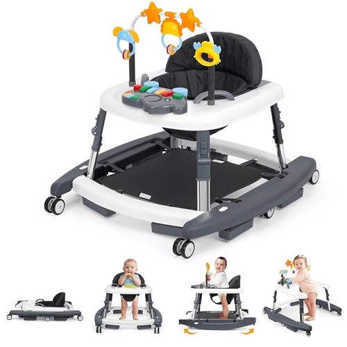 5 in 1 Baby Walker Foldable Music and Lights with 5 Adjustable Heights, Baby Walker with Wheels Portable, Infant Toddler Walker for Baby Boy Girls 6-18 Months (D-Grey)