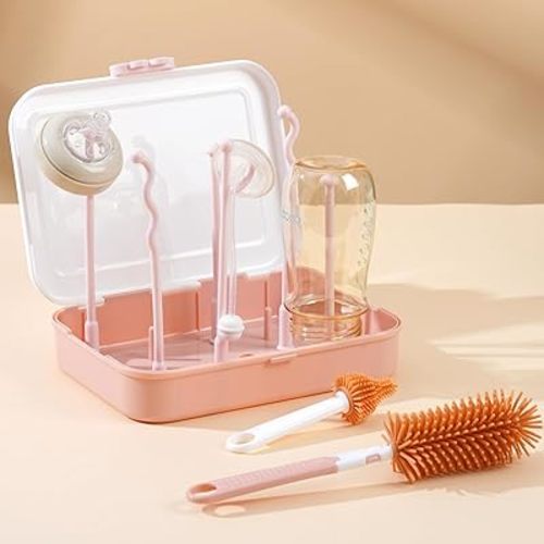 8-in-1 Baby Bottle Cleaner Set, Nylon & Silicone Bottle Brush, Cap, Straw & Nipple Brushes, BPA-Free, Includes Storage Case & Drying Rack Pink -1
