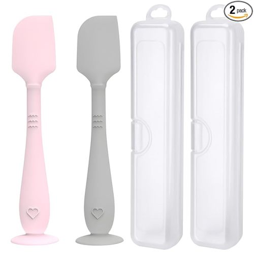 2 Pack Diaper Cream Spatula with Hygienic Travel Case, Butt Spatula Baby with Suction Base, Baby Butt Paste Spatula, Soft Silicone Diaper Rash Cream Applicator Large Size (Pink & Gray)