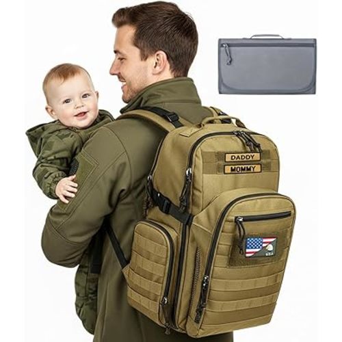 MIRACOL Military Diaper Bag for Dad - Tactical Style Baby Backpack with MOLLE & Changing Pad - 14 Compartments Rugged Design for Outdoor Travel Camping Tan