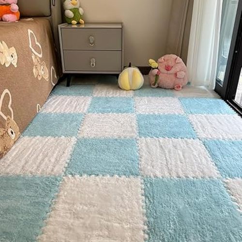 12 Pcs Plush Foam Interlocking Carpet Tiles,Soft Shaggy Fluffy Floor Area Rugs with Padding,Colorful Floor Protective Mats for Home Kids Room Playroom (White and Light Blue, 11.8 x 11.8 x 0.39)