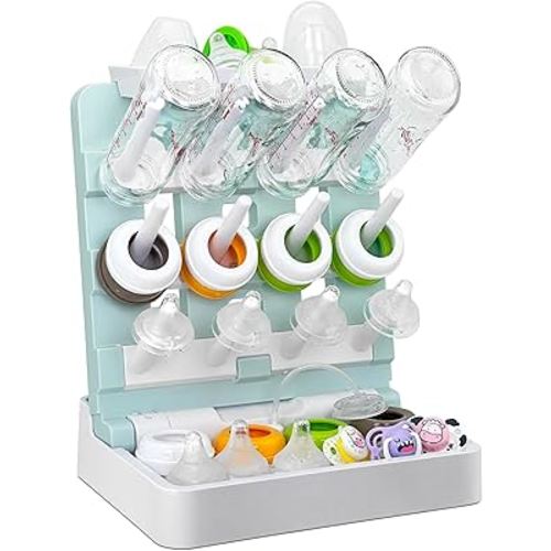 Baby Bottle Drying Rack, Vertical Standing Bottle Dryer Rack Holder-Space Saving Baby Bottle Drying Rack for Countertop-Holds Up to 12 Baby Bottles & Cup(Blue & White)