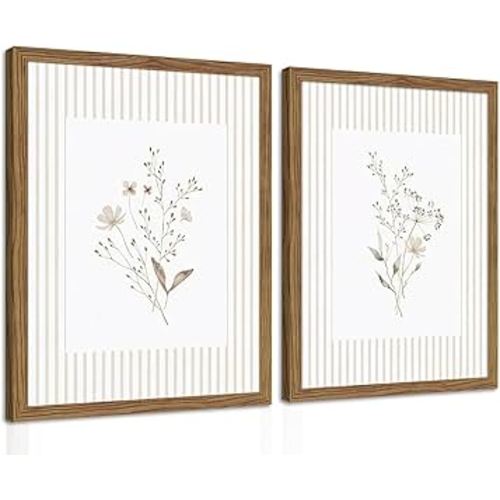 Neutral Wildflower Wall Art Set of 2, Vintage Flower Botanical Wall Decor Painting, Rustic Cottagecore Striped Floral Prints Pictures for Living Room Bedroom 16x24 Inch Framed
