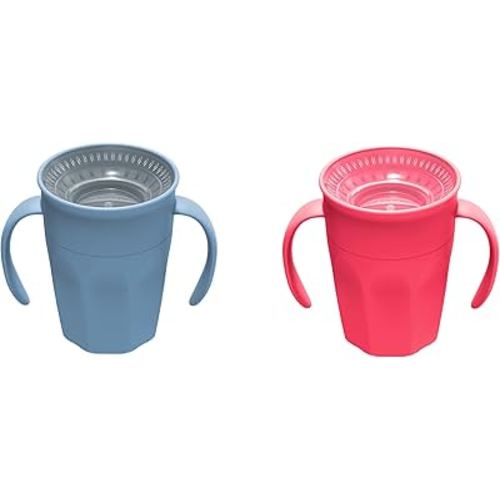 Dr. Brown's Milestones Cheers 360 Spoutless Transition Cup with Handles, Travel Friendly and Leak Free Sippy for Babies and Toddlers, Blue and Pink, BPA-Free, 7 oz/200 mL, 6m+