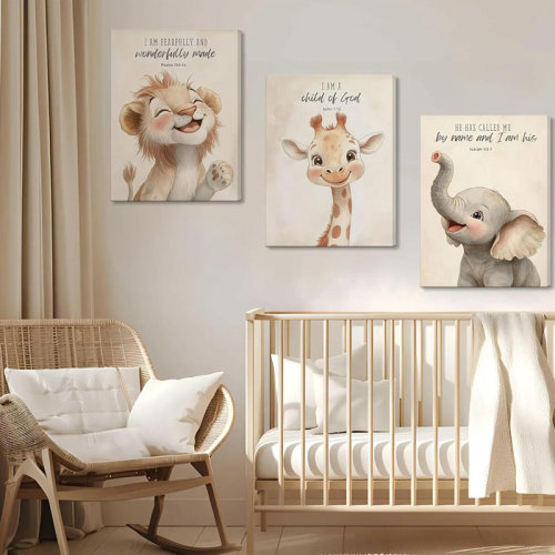 Indigo Safari 3Pcs Bible Verses Christian Nursery Safari Animals Canvas Wall Art Child Of God Cute Animals Picture Wall Decor Lion Giraffe Elephant Poster Print Artwork For Kids Boys Girls Room Home Decoration | Wayfair