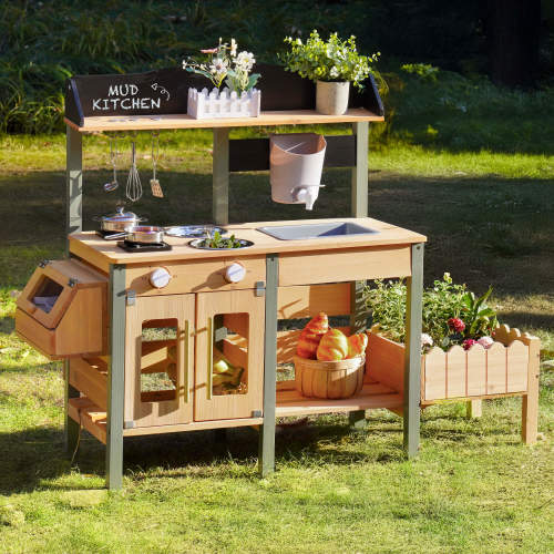 ROBUD Outdoor Wooden Mud Play Kitchen for Kids, Outdoor Children Kitchen Playset with Plant Growing Box, Real Faucet, Sink, Kitchen Accessories