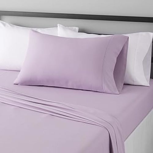 Amazon Basics Lightweight Super Soft Easy Care Wrinkle Free Microfiber 3 Piece Bed Sheet Set with 14-Inch Deep Pockets, Twin, Frosted Lavender, Solid, Kids, Men & Women Bedding