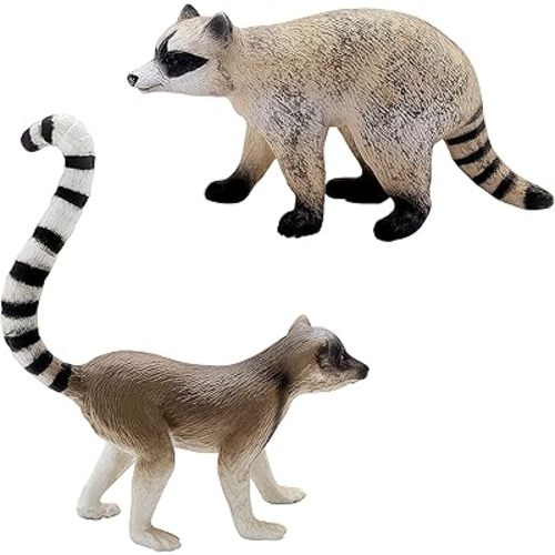 Gemini&Genius Raccoon Lemur Animal Action Figure Toy Set for Kids, Realistic and Details Wild Life Procyon Lotor Animal Toy Figurines for Kids Educational, Cake Toppers, Party Supplies (2 Friends)