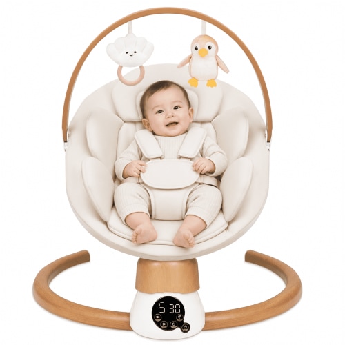 PRVAETU Baby Swing for Infants & Newborns 0-12 Months,Swing Rocker with 5 Speeds,3 Timers,10 Lullabies,5-Point Harness,Remote Control,Beige
