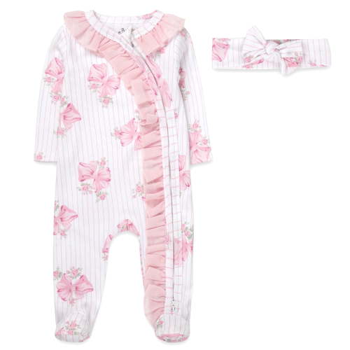 Baby Essentials Infant Girls 3 Months Embroidered Romper Footie with Matching Headband in Floral Pink Bows